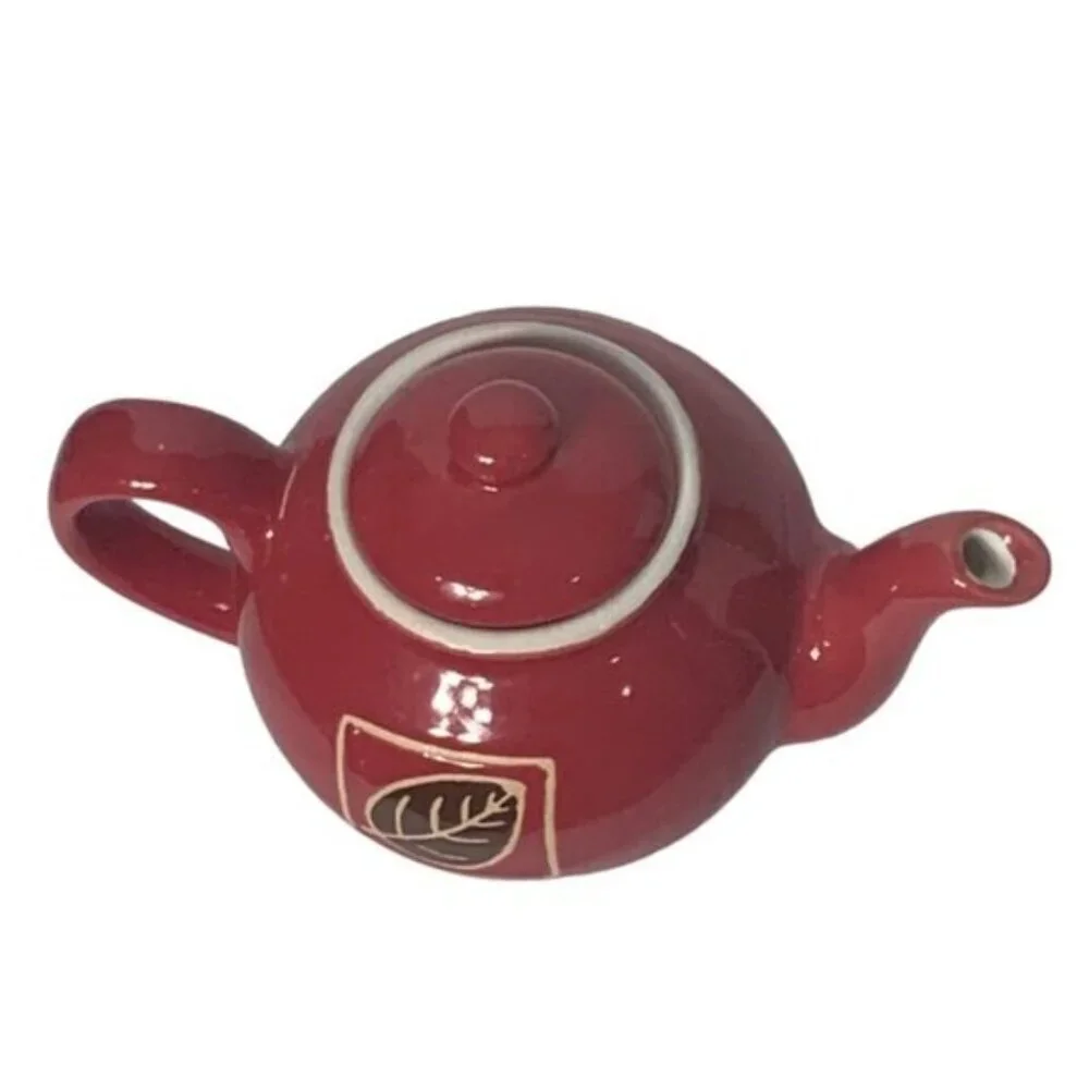 Teapot Vintage Hand Painted Ceramic Multipurpose Mini Earth Tone Rustic Red